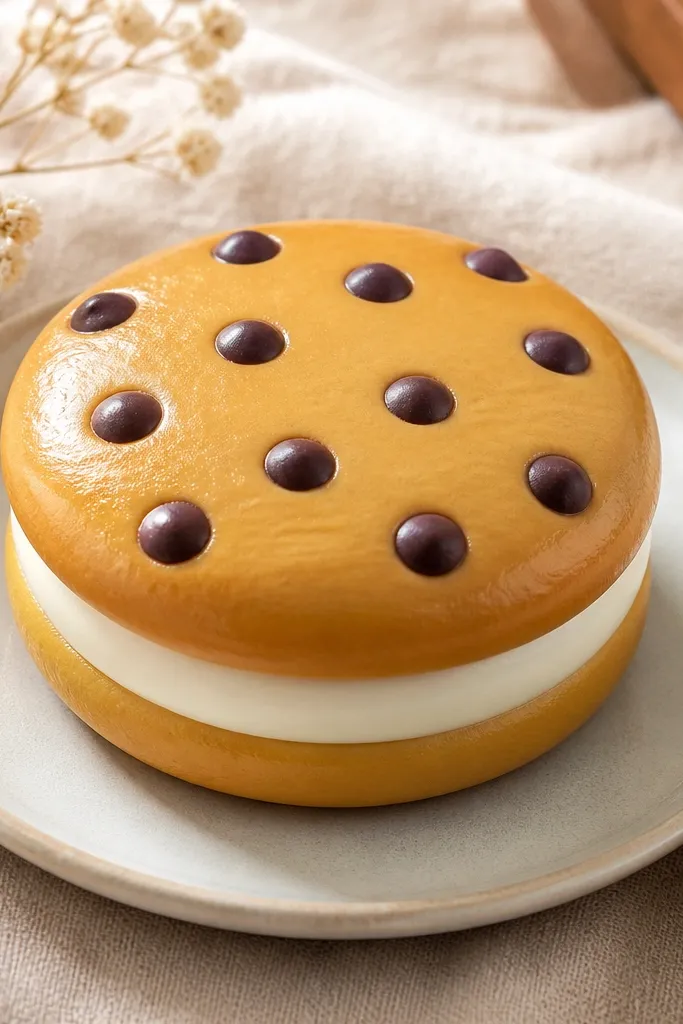 A cookie sandwich squishy shaped like two round cookies with a filling layer in between. The top cookie has evenly spaced chocolate chips drawn in dark brown, and the whole top is glossy.