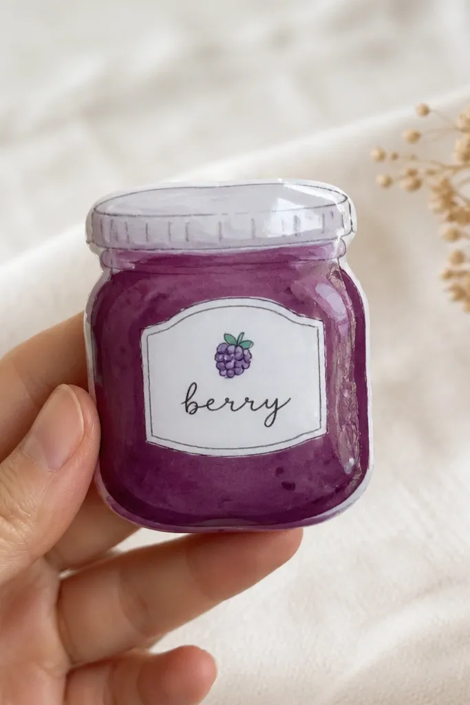 A small jar-shaped paper squishy with a clear-looking lid. The jar is filled with deep berry purple and has tiny jam dots. A small white label on the front has a simple hand-lettered word and a glossy shine.