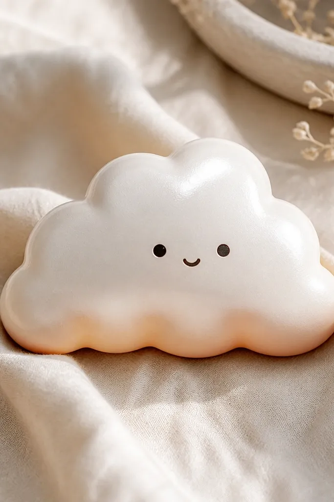 A cloud-shaped paper squishy with a white satin finish and soft peach shading on the bottom edges. It has a glossy highlight on the top curve and a tiny smiling face made with dark dots.