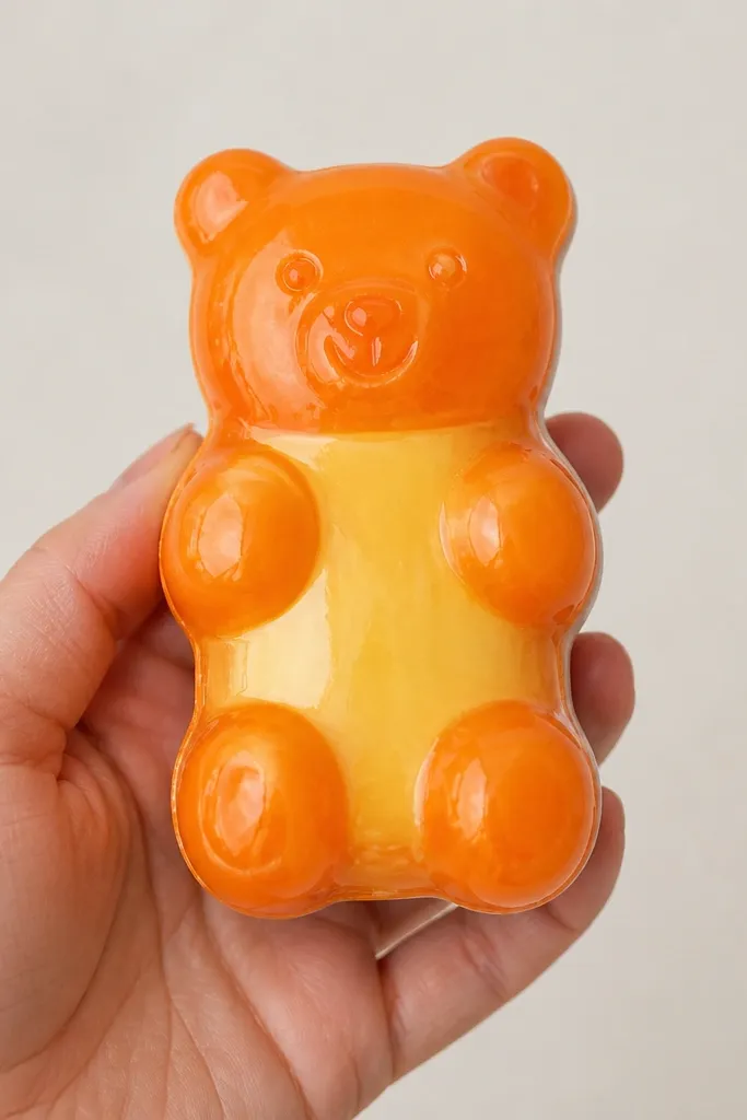 A gummy bear-shaped paper squishy with two color bands: translucent-looking orange and a lighter yellow belly. The surface has a glossy candy finish, and small white highlights sit on the shoulders.