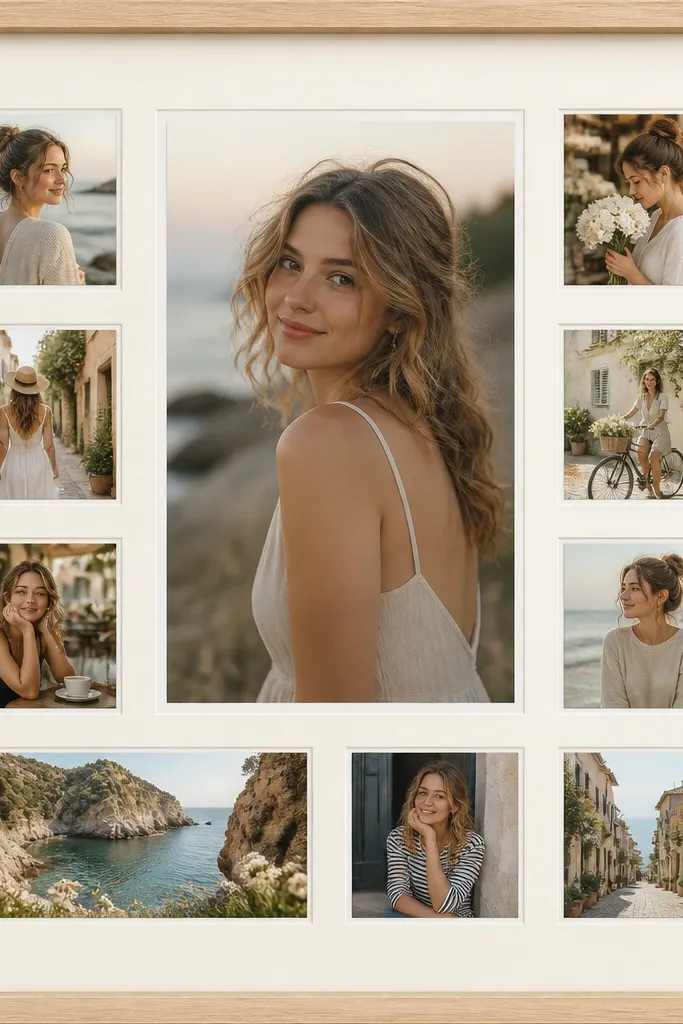 A collage on warm ivory cardstock in a clean grid. One photo is a larger 5x7 portrait centered, with eight smaller photos evenly spaced around it. Photos have thin white borders and the whole piece sits inside a light wood frame.