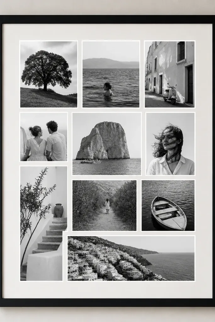 A set of black-and-white photo collage prints arranged in staggered rows. Each photo has the same thin white mat strip, and the collage sits inside a single black frame with a wide border.