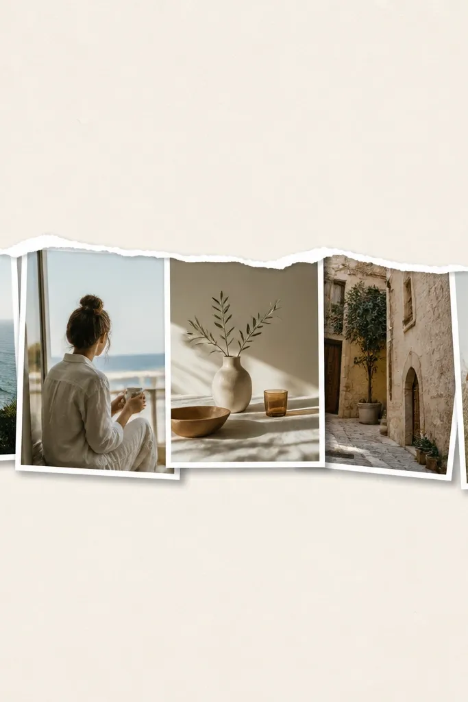 A cream cardstock background with a single horizontal strip of photos. The strip has a torn-paper effect on the top edge, and the photos are layered with small white borders and subtle shadowing.