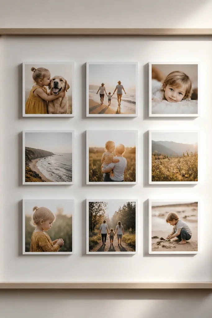 Photos mounted on layered foam board squares, creating a floating effect inside a larger frame. Each photo has a crisp white border and a slight shadow from the foam layer.