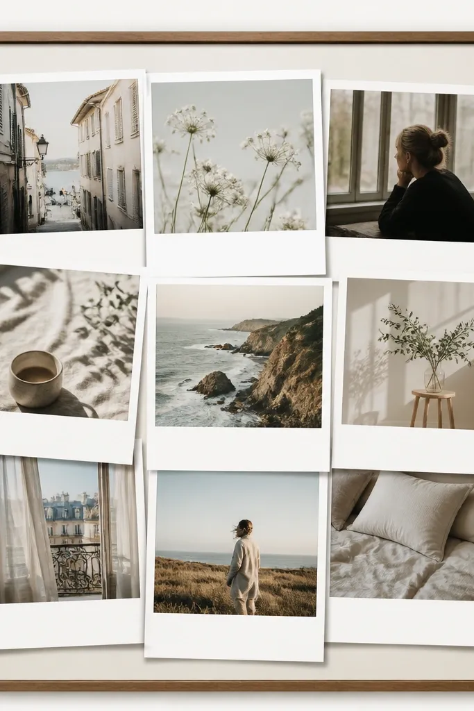 A collage that looks like multiple Polaroid prints overlapping slightly. Each photo has a white bottom caption area and a soft gray shadow, arranged in a neat cluster inside a frame.