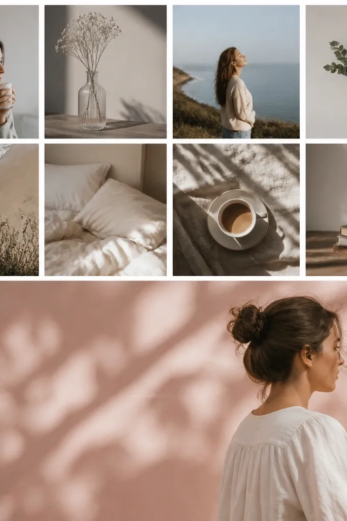 A collage split horizontally. The top half is a grid of small photos with white borders, and the bottom half has one large photo with a soft color-wash filter behind it.
