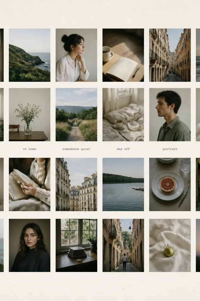 A contact-sheet style collage: 24 small photos in a tight grid, with tiny typed captions under a few images. The whole thing is framed on off-white paper.