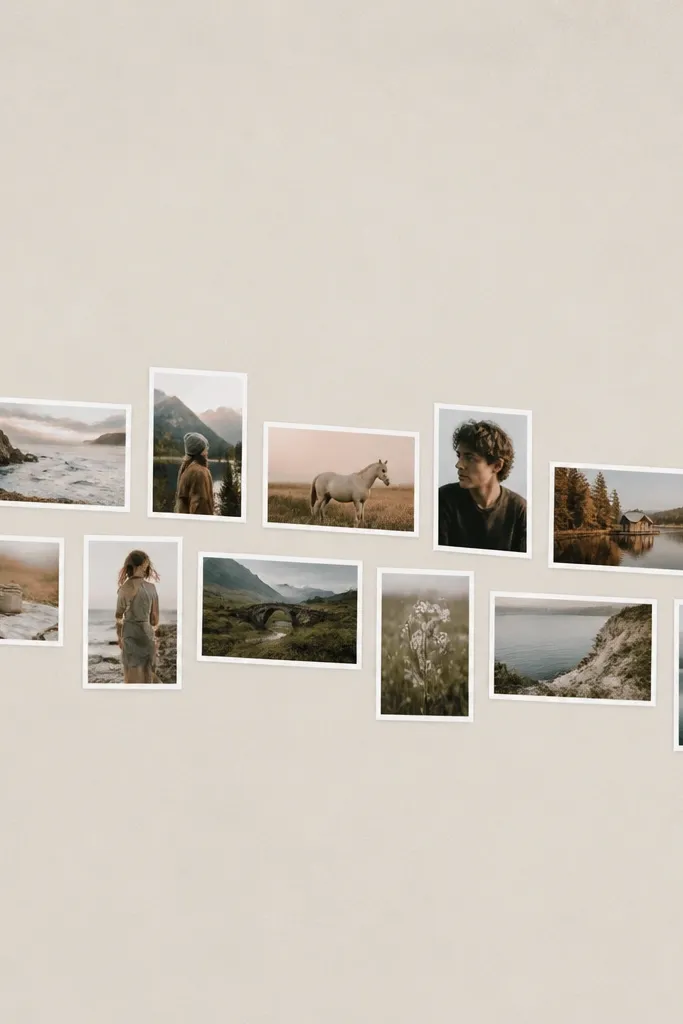 Photos arranged in a gentle wave pattern across the frame. The wave is made of alternating portrait and landscape shots, each with the same white border and equal spacing.