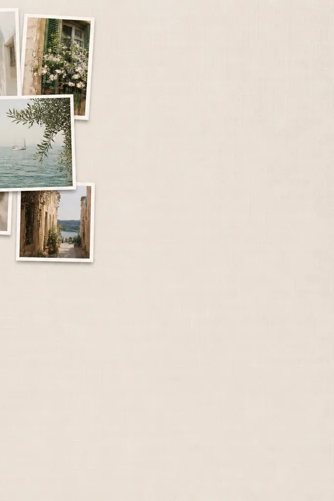 A mostly blank backing with a tight cluster of photos in the top-left corner. The rest of the frame has lots of negative space, and the cluster photos have white borders.