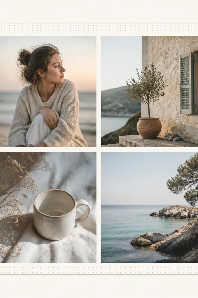 A collage where the photos sit inside a printed border rectangle. The border has a subtle pattern like tiny dots, and the outer area is plain ivory. Photos are evenly spaced with white margins.