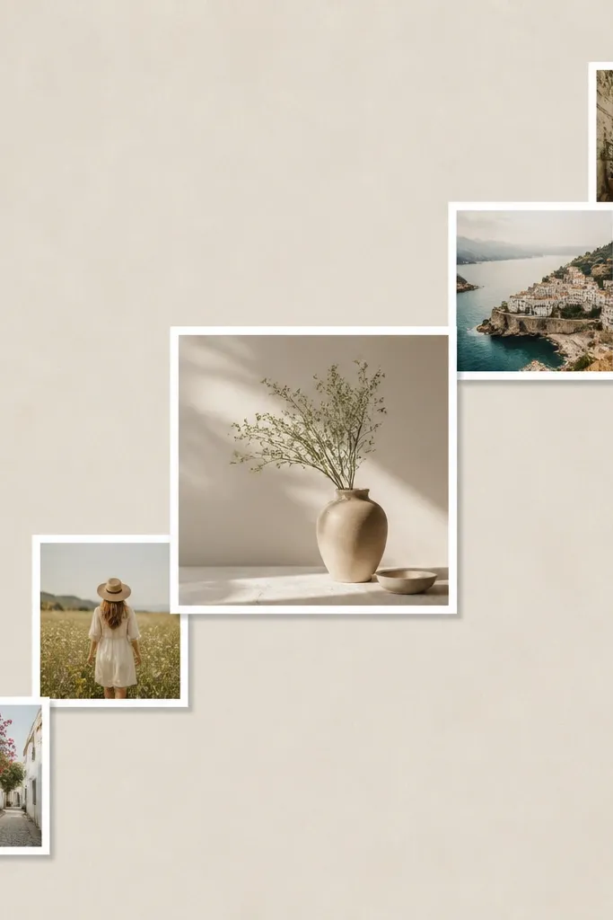Photos arranged diagonally from bottom-left to top-right, with one centered larger photo. Each photo has white borders and consistent gaps along the diagonal line.