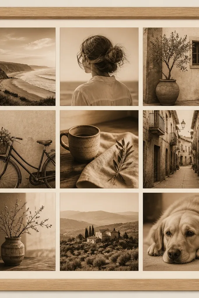 A collage of sepia-toned photos with warm beige backgrounds. Photos have consistent cream borders and sit in a tidy grid inside a light wood frame.