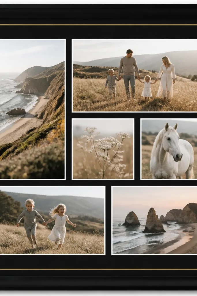 A black framed collage with crisp white borders around each photo. A thin gold line runs along the inside edge of the mat, and the photos are spaced evenly.