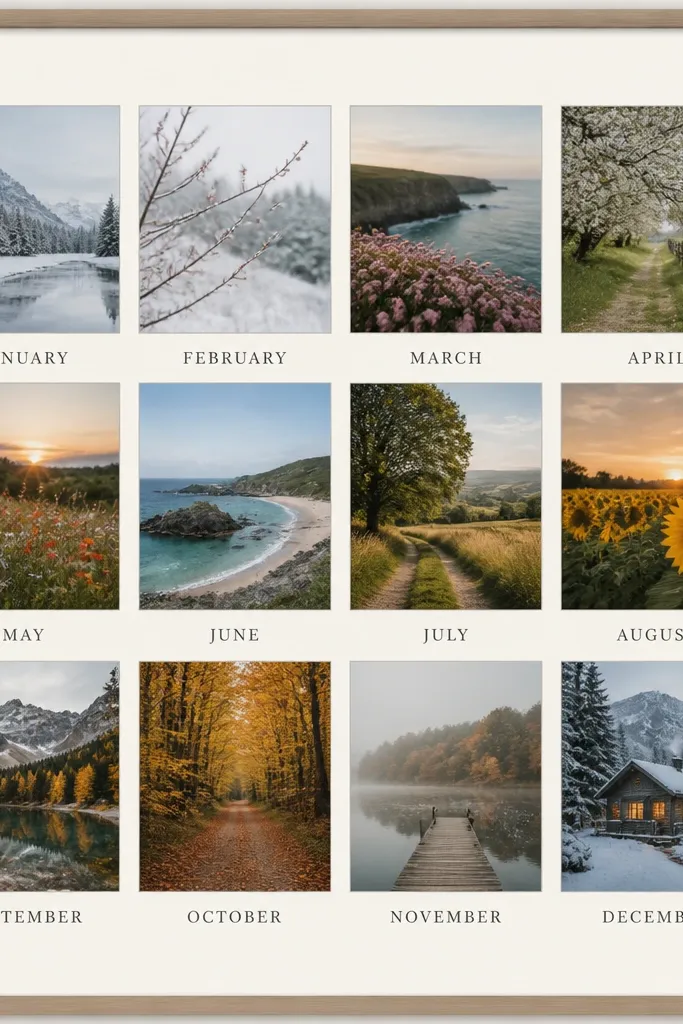 A 12-photo collage with each photo placed in a small rectangle and a month label underneath in neat typed text. The whole piece is framed with an off-white mat.