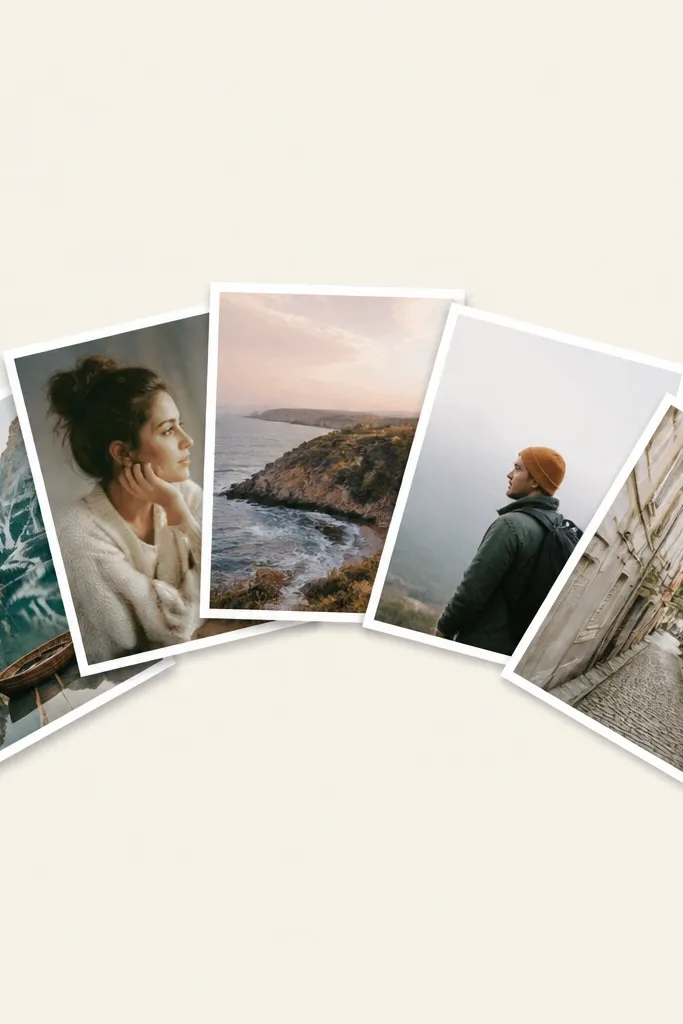 Photos arranged in a semicircle arc across the frame, with overlapping edges. The background is ivory, and photos have uniform borders and consistent overlap spacing.
