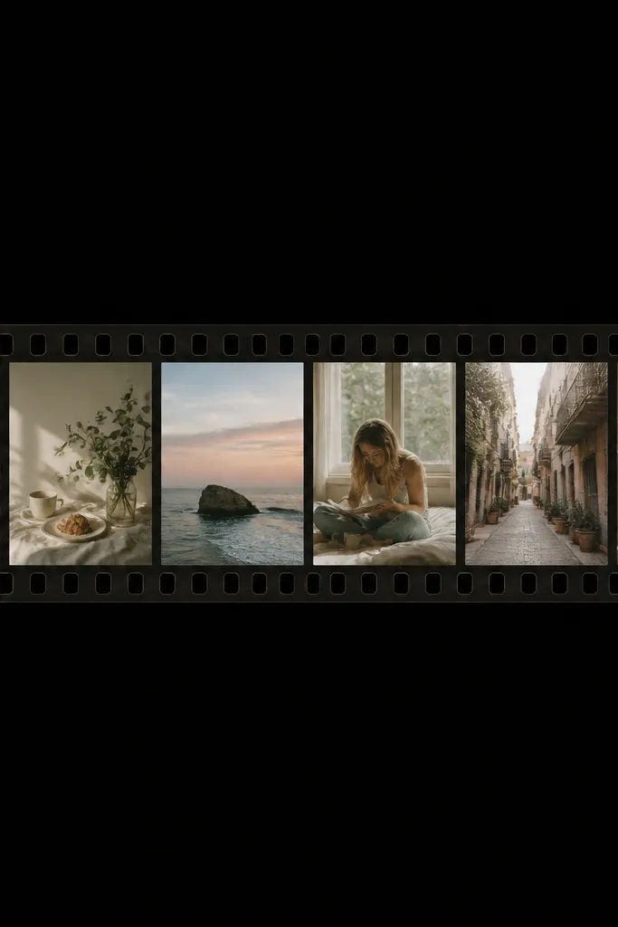 A long horizontal film-strip collage with small photos in a row. The strip has faux perforation holes on both sides, and a dark backing makes it look like real film.