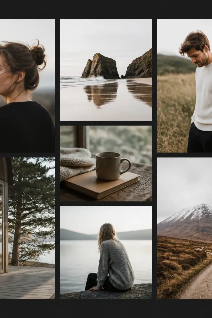 A matte black backing board with white rectangular windows. Photos sit inside each window with no extra borders, and the overall collage looks crisp and modern.