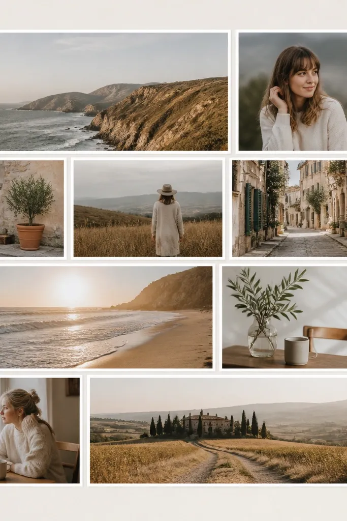 A grid where photos alternate between two sizes, staggered like bricks. Each photo has a white border and consistent spacing, and the collage sits on a light mat.