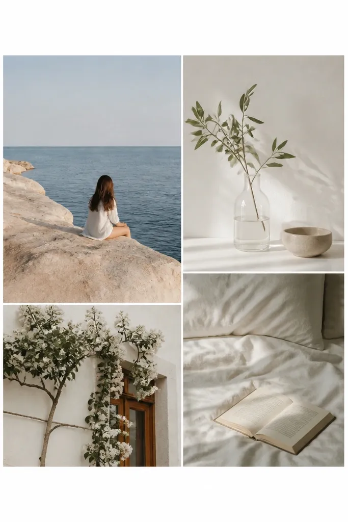 A minimal collage with lots of white space. Photos have thin borders and sit close together with very small gaps, creating a clean, airy look on a white mat.