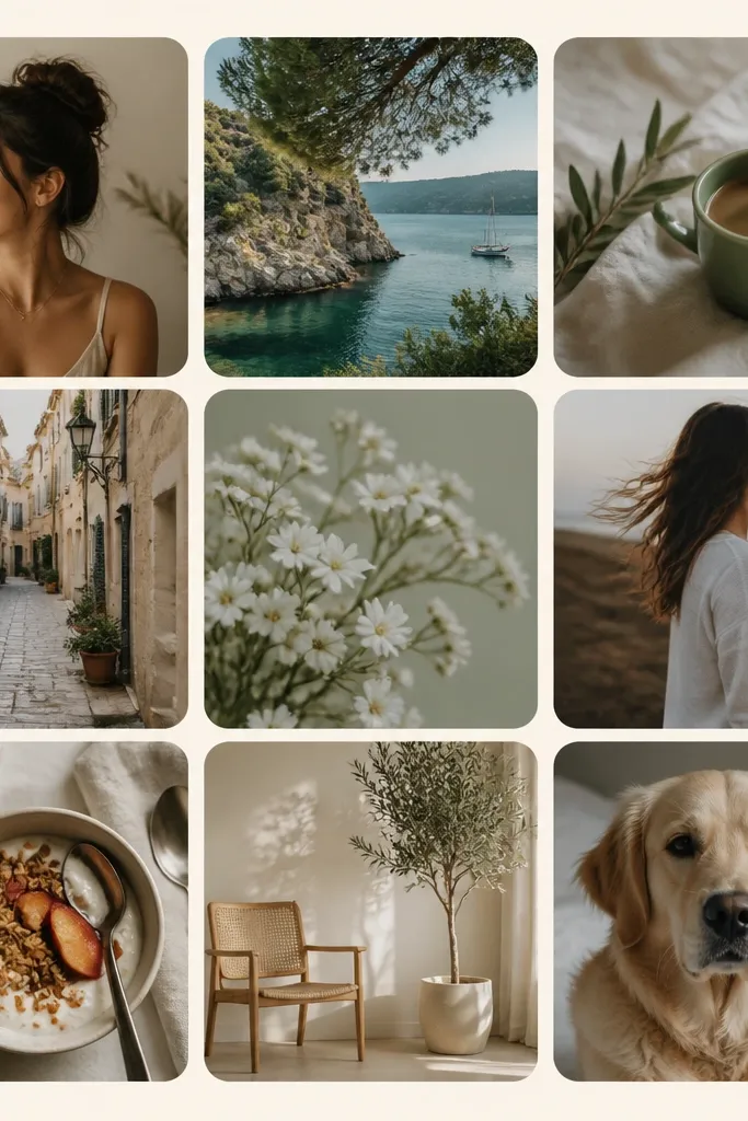 A collage where every photo has rounded corners. The photos are arranged in a tidy grid on a warm ivory background, with thin white borders and a modern frame.