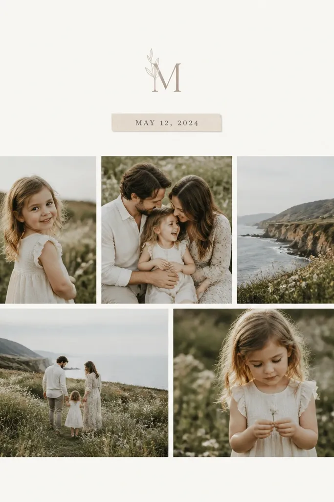 A collage with a small monogram letter at the top and a date label on a strip. Photos are arranged in a grid beneath, with lots of clean margin space.