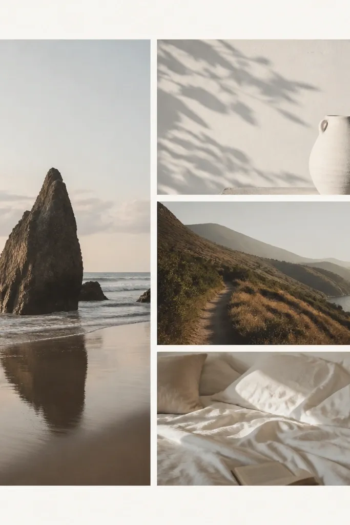 A modern collage with asymmetry: one side has taller photos, the other side has shorter ones. Edges are aligned by row, with consistent spacing and a clean mat background.