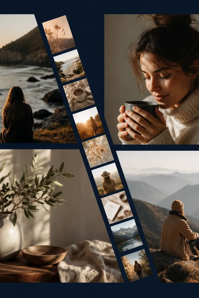 A collage with one diagonal line of small photos and a few larger photos. Some images have a subtle warm light overlay, and the overall layout sits on a dark navy mat.