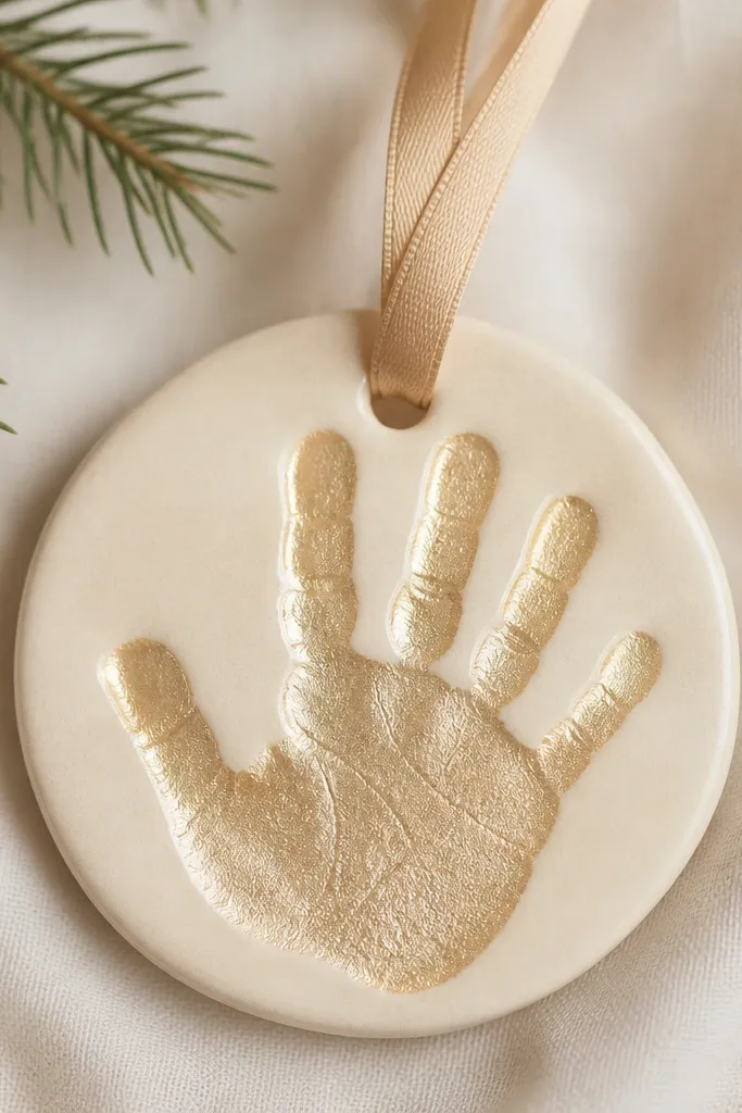 A handprint ornament with a smooth warm cream background, the raised handprint glowing in champagne-gold mica, and a thin champagne ribbon threaded through a centered hole.