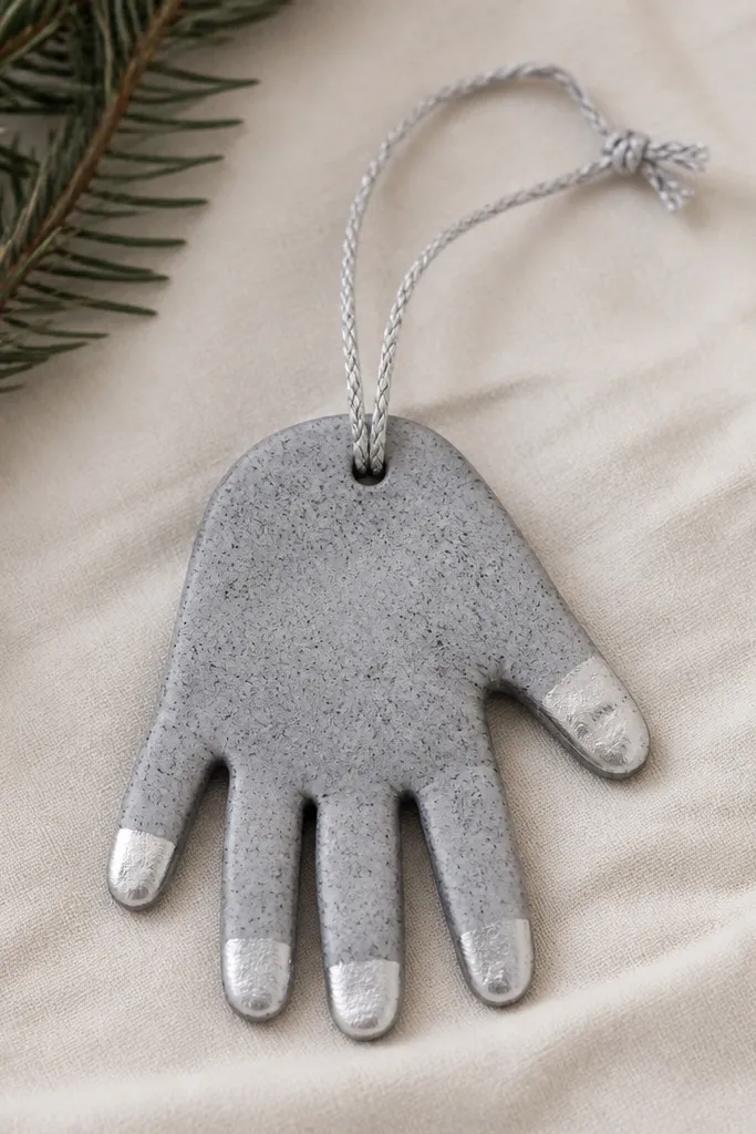 A handprint ornament painted cool gray with subtle speckling, silver metallic accents only on the fingertips, and a silver twine loop.