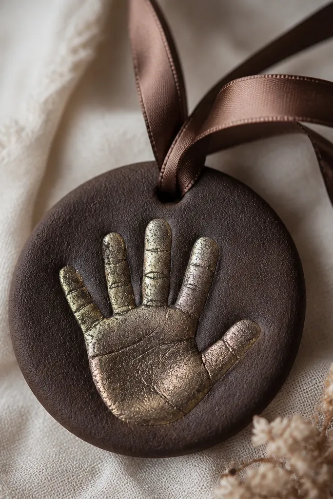 A chocolate-brown salt dough ornament with an antique brass handprint, darker edges, and a dark brown satin ribbon.
