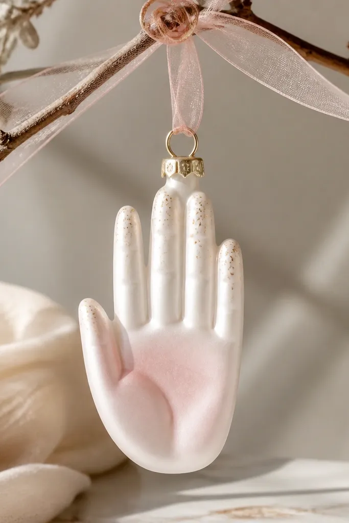 A pearl white ornament with a blush-pink wash only on the palm area, tiny gold specks near the fingertips, and a sheer blush ribbon.