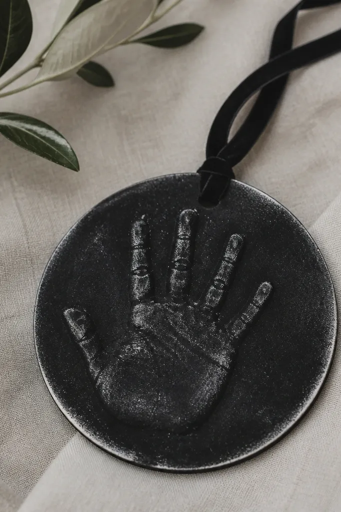 A black ornament with a velvety matte look, white dry-brushed edges, subtle white speckles on the handprint, and black ribbon.