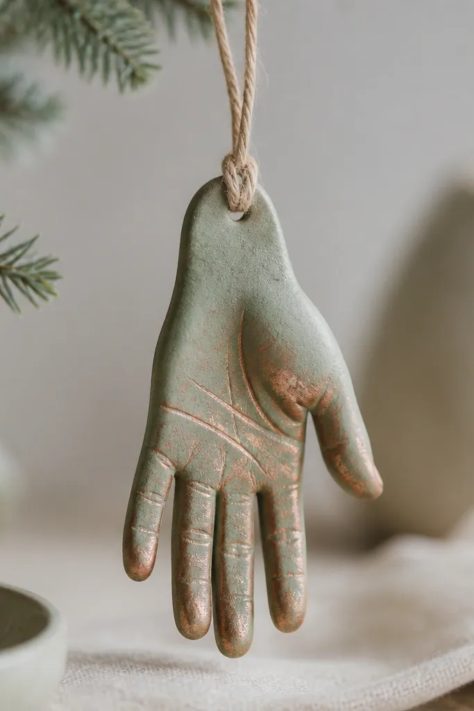 A sage green ornament with brushed copper on the fingertips and palm ridges, plus a light tan twine loop.