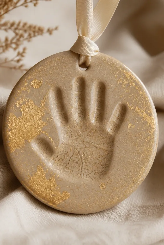 A sand-colored ornament with a crackle texture pattern on the handprint area, gold leaf highlights, and a cream ribbon.