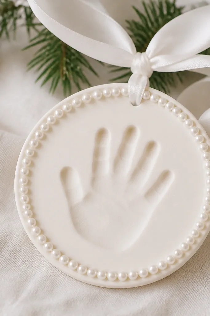 An ivory ornament with a neat ring of tiny white pearl beads around the border, a smooth handprint center, and a pearl-white ribbon.
