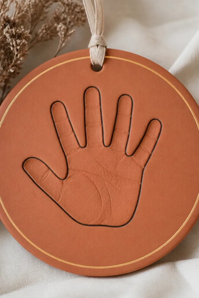 A terracotta matte ornament with a clean dark ink outline around the handprint, plus a thin gold line near the border.