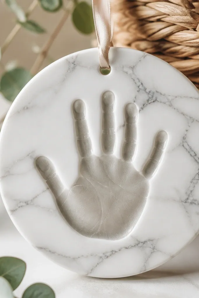 A white marble-pattern ornament with gray veining across the background and a handprint area shaded in soft gray with tiny highlights.