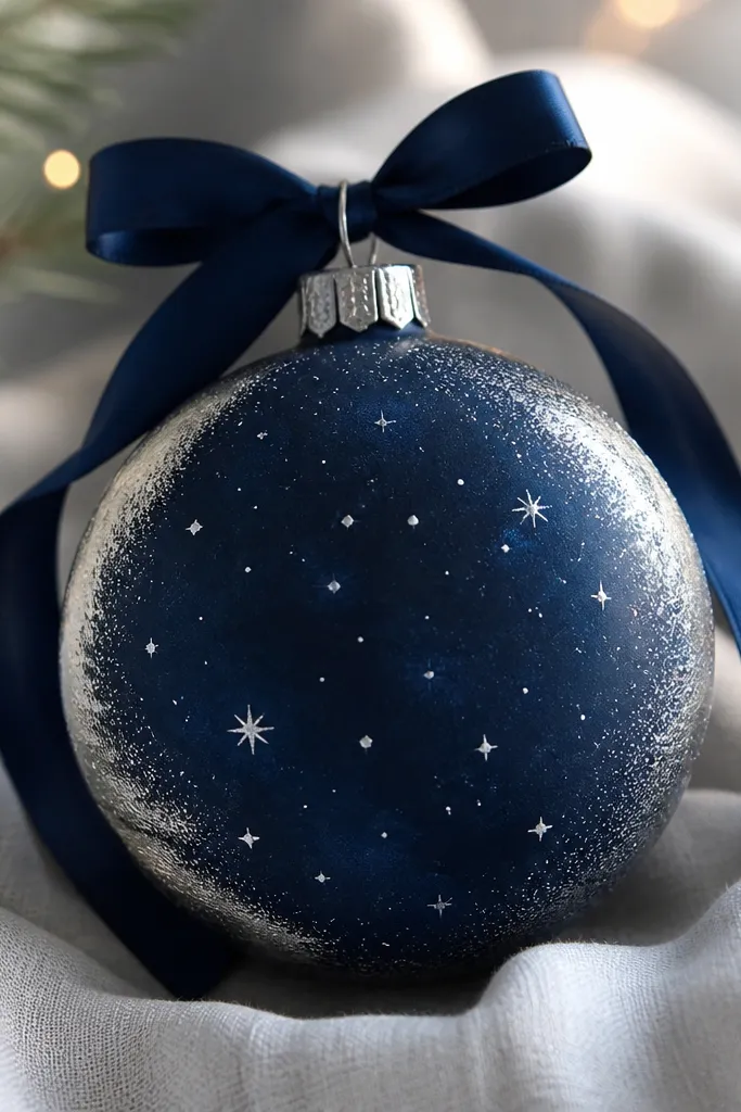 A deep navy ornament painted like night sky, handprint edges dusted with silver mica, scattered tiny star specks, and navy satin ribbon.