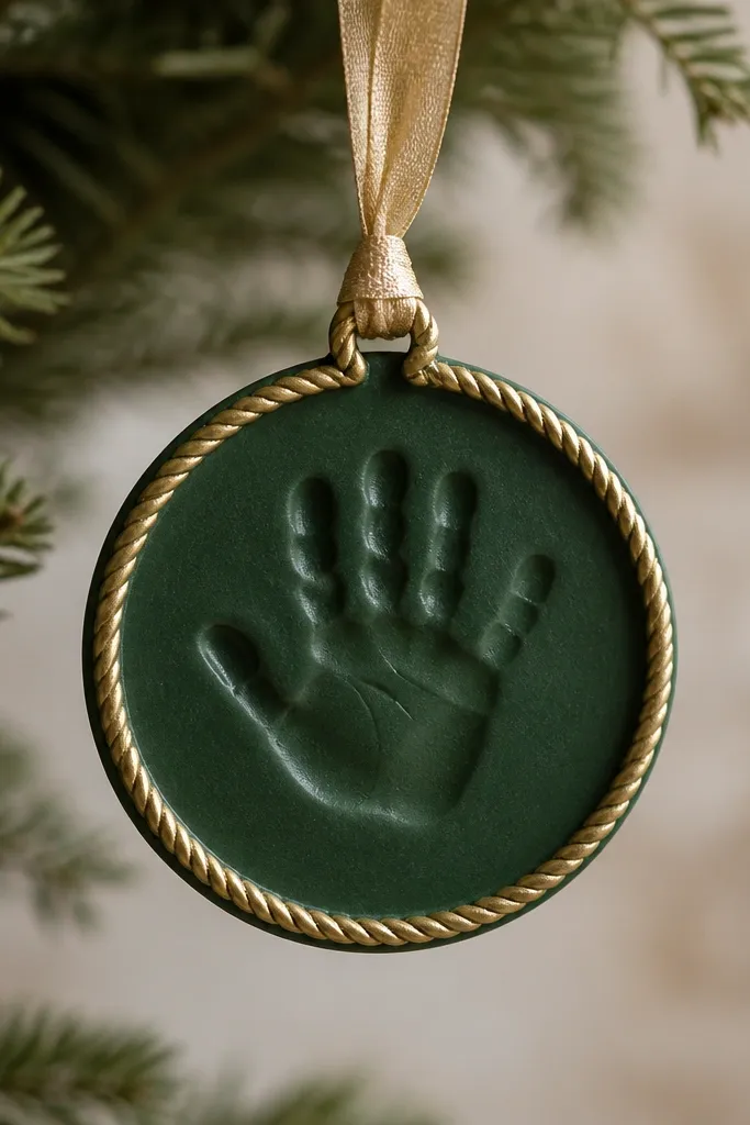 A hunter green ornament with an antique gold rope-like border pattern, a clean handprint center, and a gold ribbon.