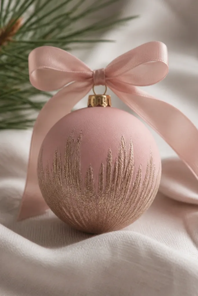 A blush pink ornament with matte gold dust concentrated on the palm and finger ridges, and a blush ribbon.