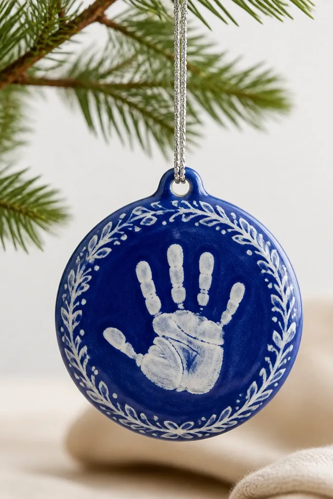 A sapphire blue ornament with a porcelain-like dry-brushed white pattern on the handprint and rim, and a thin silver chain loop.