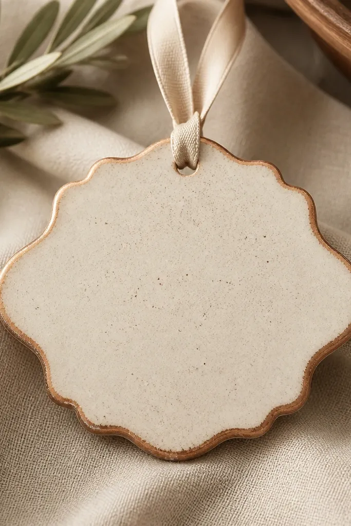 A beige ornament with subtle speckling, copper burnished edges along the border, and a beige ribbon.