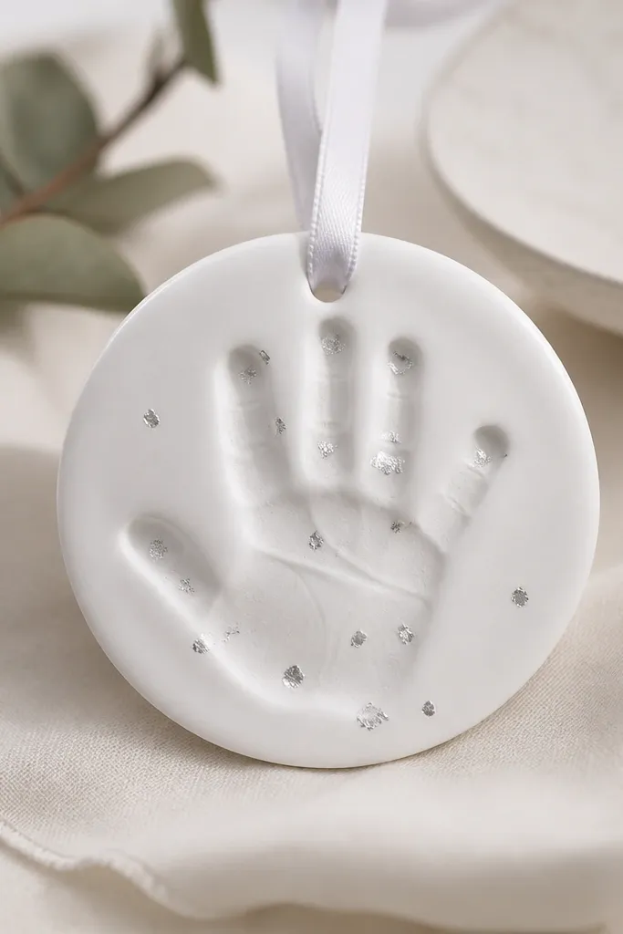 A glacier white ornament with faint gray shadows, tiny silver leaf flecks on the handprint, and a white ribbon.