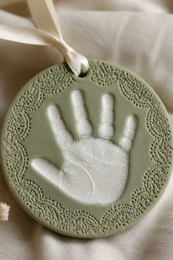 A sage green ornament with a lace-like embossed border around the edges, a smooth handprint center painted white, and a cream ribbon.