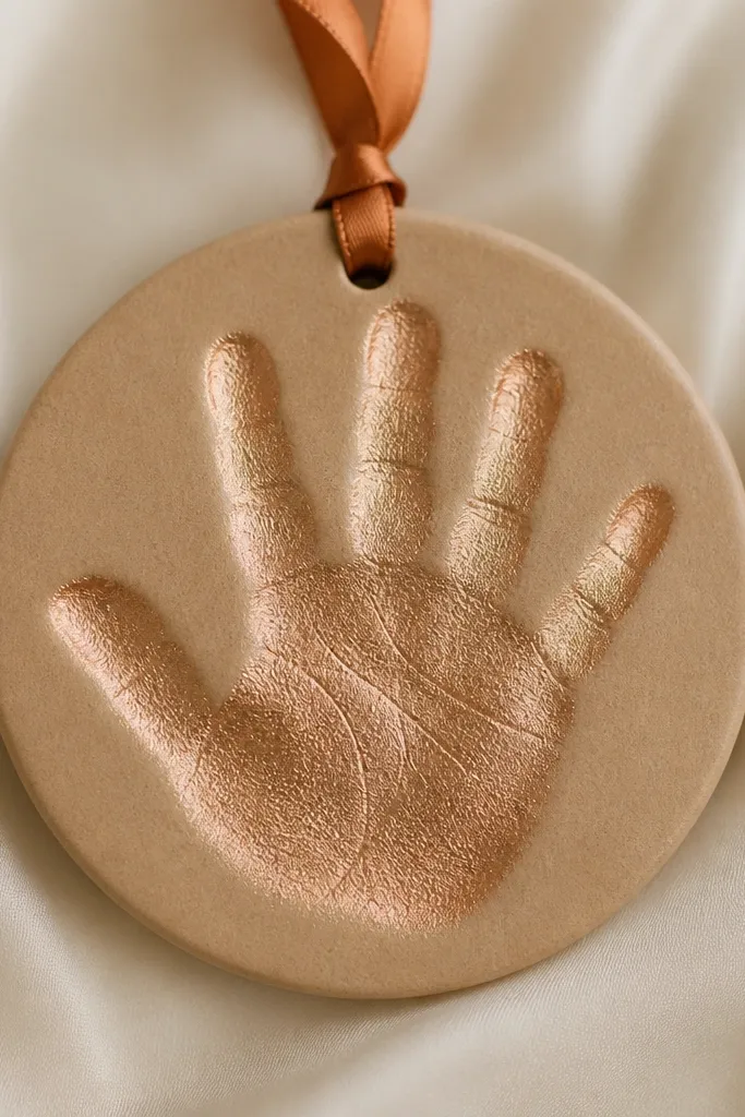 A warm tan ornament with rose gold mica concentrated on the handprint ridges, a clean smooth background, and a copper ribbon.