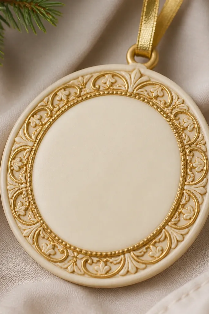 An antique ivory ornament with a gold stamped border pattern, a smooth handprint center painted ivory, and a gold ribbon.