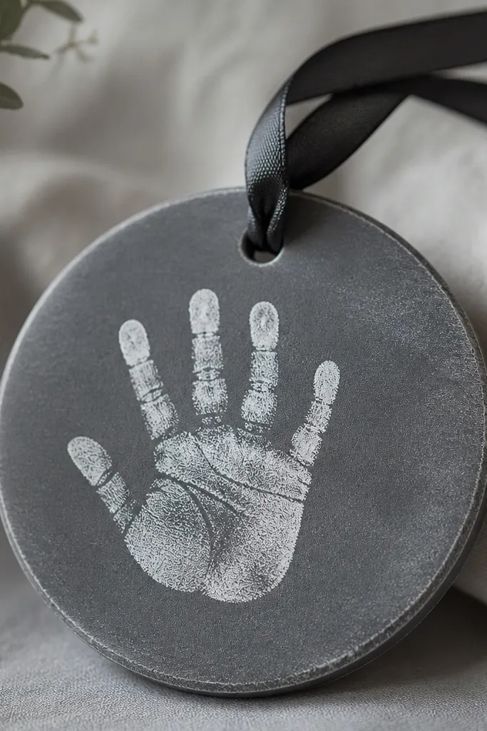 A slate gray ornament with a chalky white handprint, slightly dusty edges, and a black ribbon.