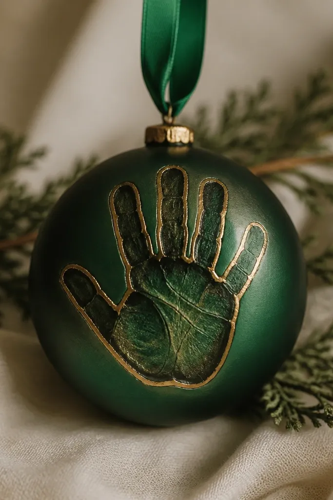 An emerald green ornament with a handprint outlined in antique gold leaf, darker shading in creases, and a green ribbon.