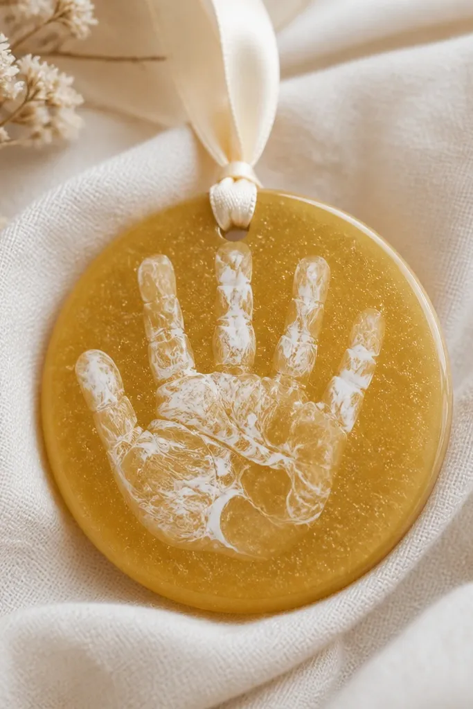A honey-gold ornament with white veining across the handprint area, faint speckles in the background, and a cream ribbon.