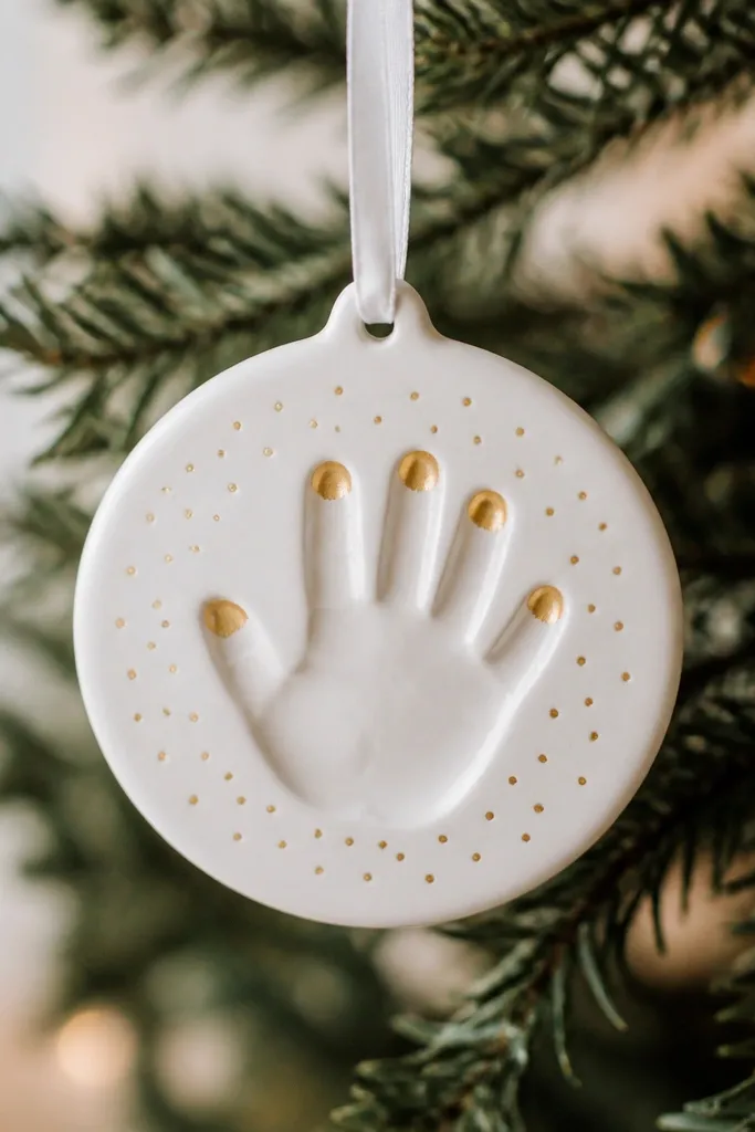 A matte white ornament with a gold dot cluster pattern around the handprint, subtle gold on finger tips, and a white ribbon.